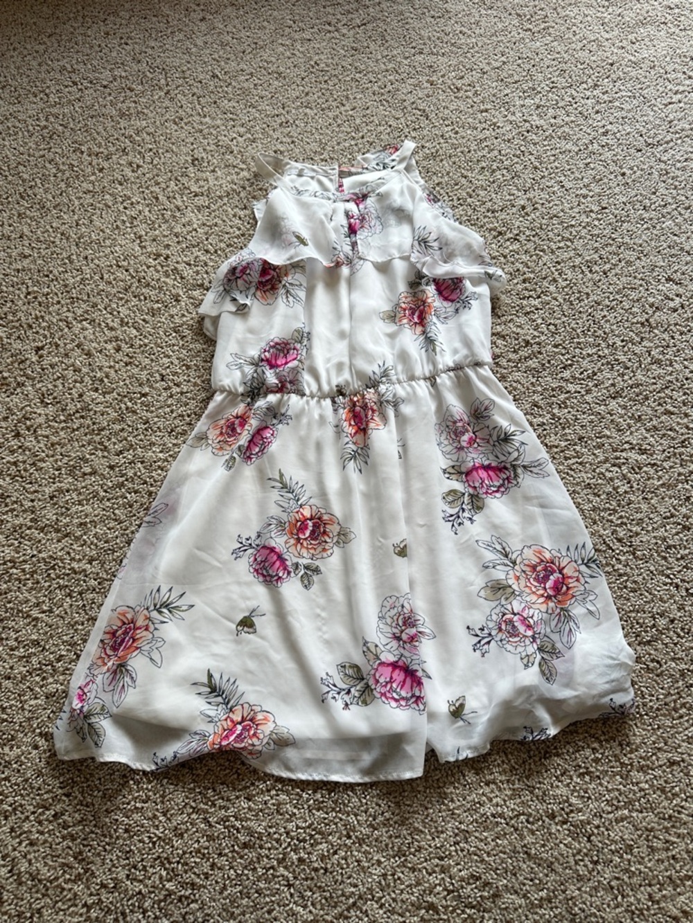 Maurices White Floral Ruffle Sundress with Pink & Peach Blooms
